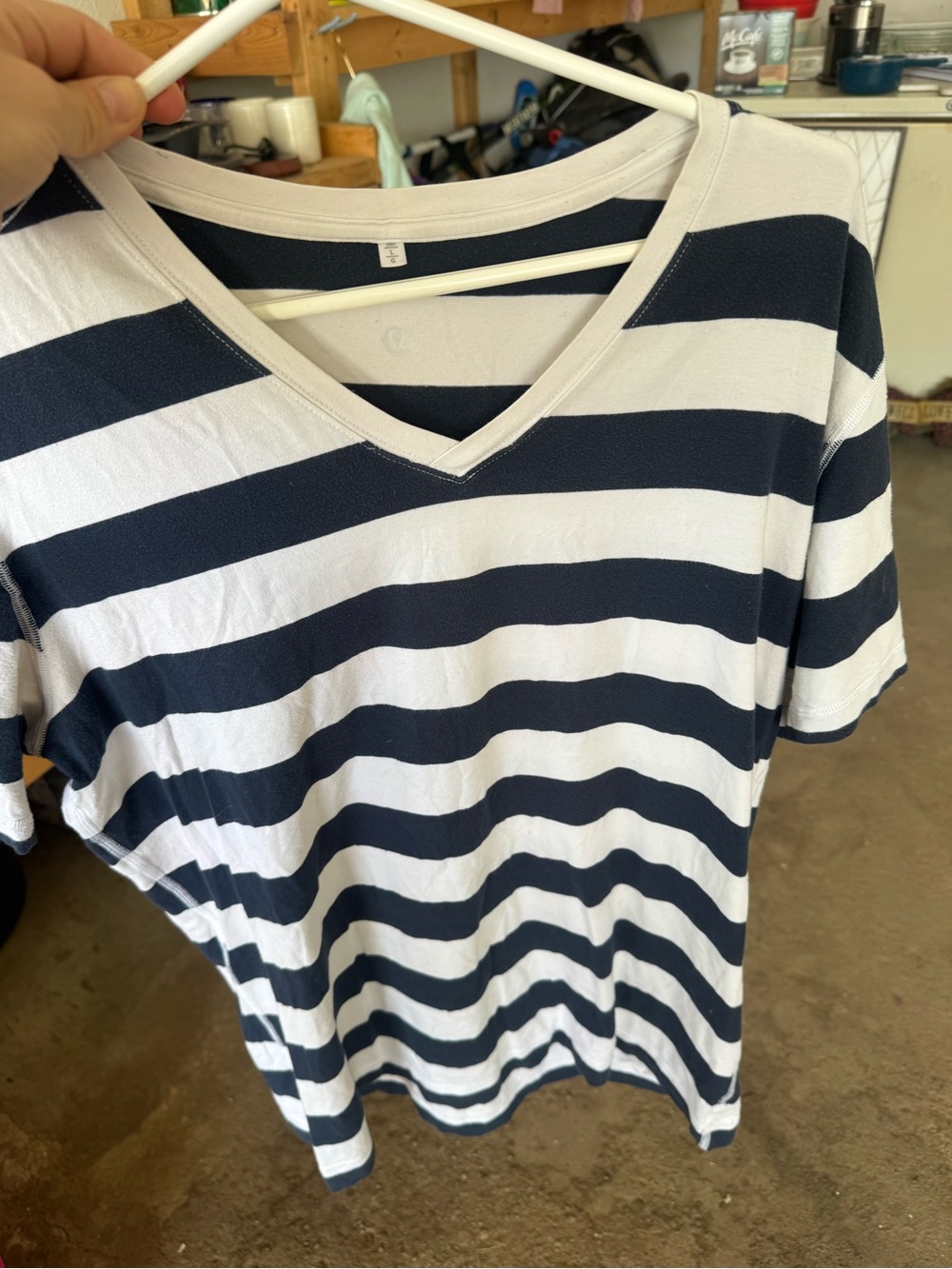lululemon athletica Men's Navy and White Striped V-Neck Tee
